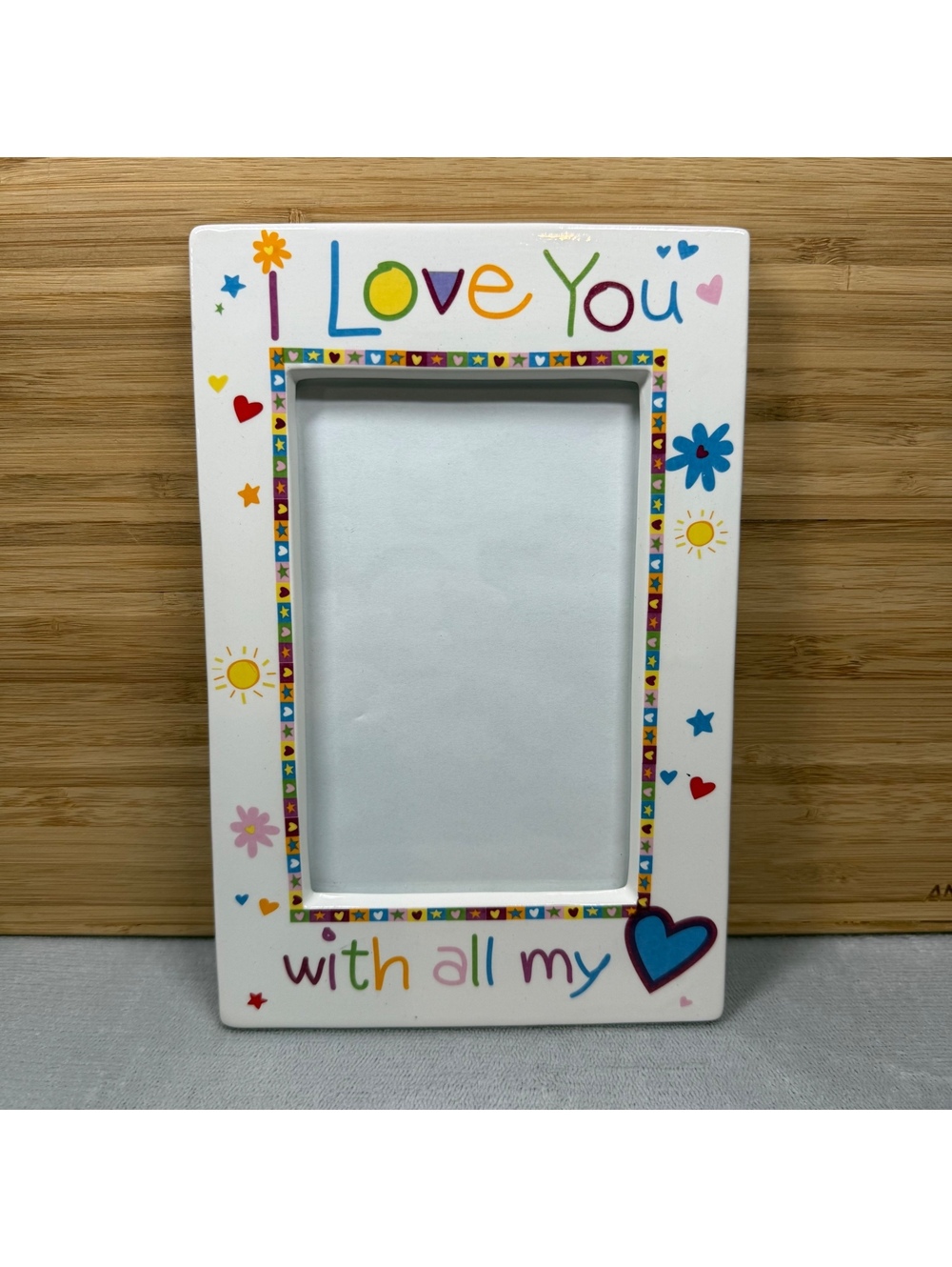 VTG 1990s I Love You Ceramic Picture Frame Colorful Crayon Font Hearts Suns